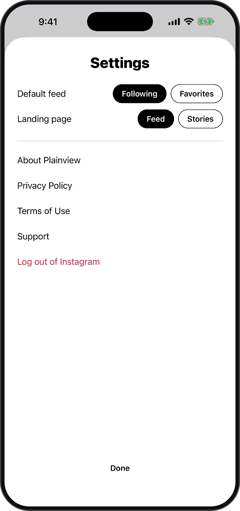 Plainview's settings: default feed and landing page choices