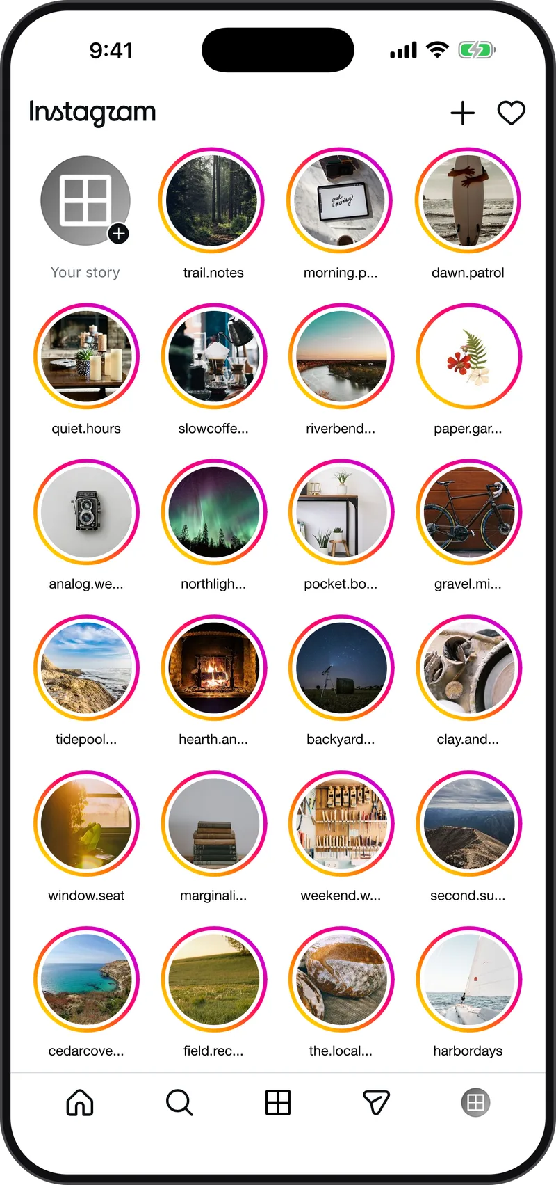 Plainview's stories page: every story as a tile in a full grid